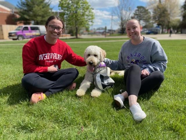 Students sitting on lawn petting a dog